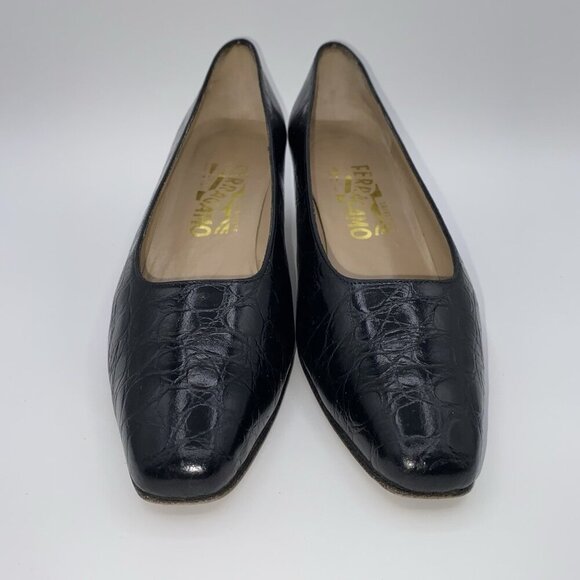 Salvatore Ferragamo Black Leather Croc Print Low Block Heel Slip-On 7.5AA Shoes - Picture 3 of 16